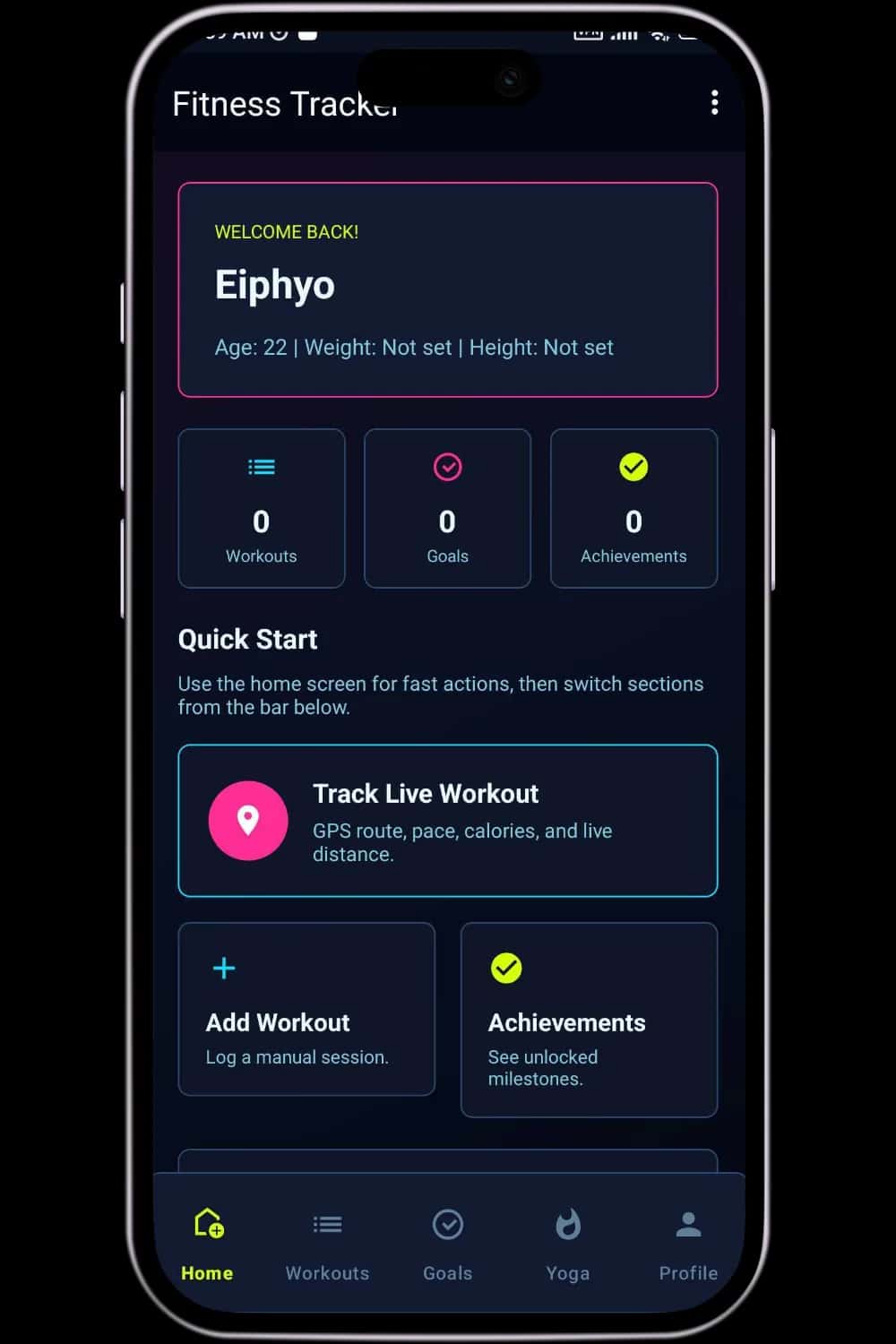 Fitness tracker mobile screen