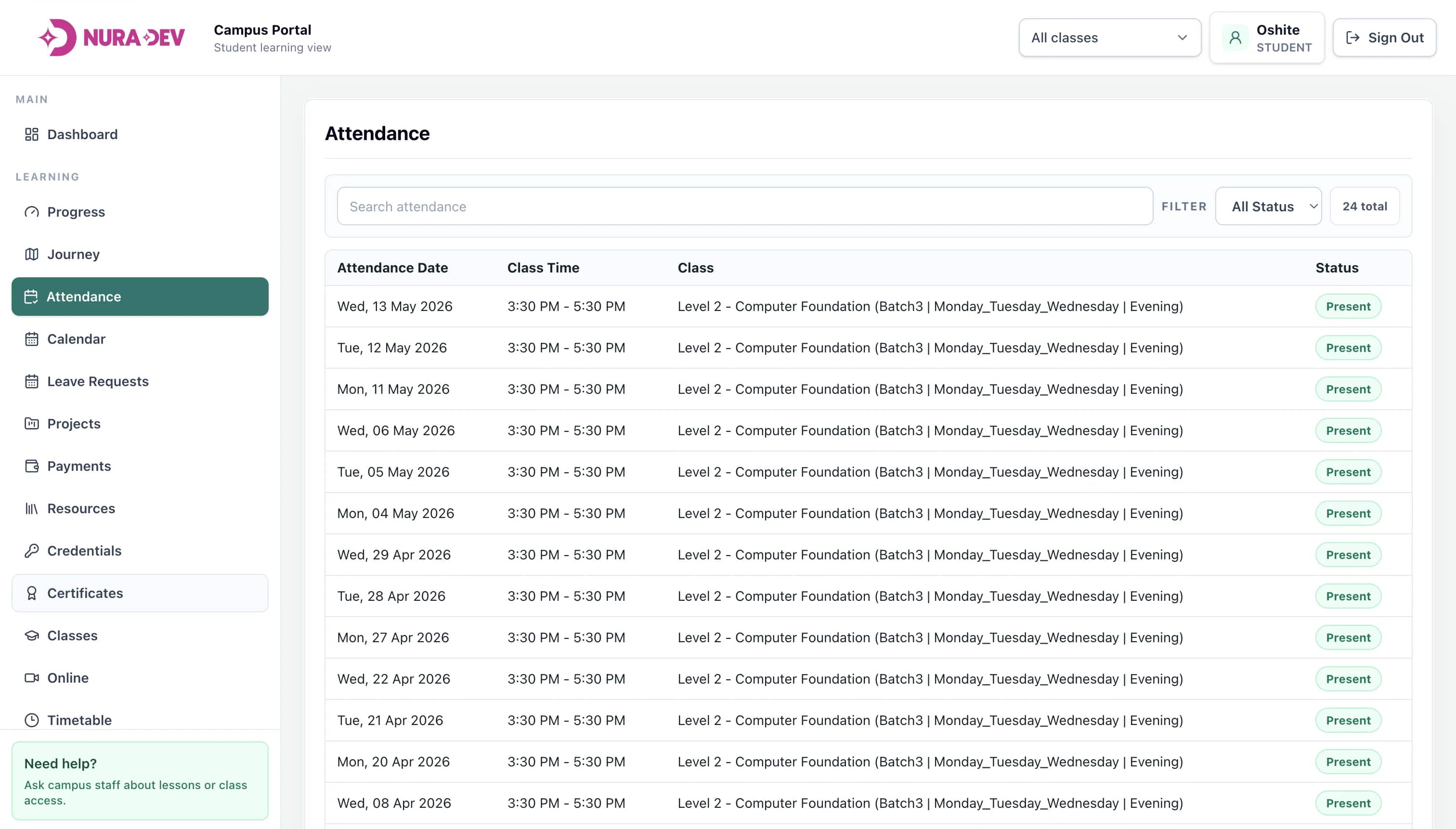 Custom software attendance workflow screen
