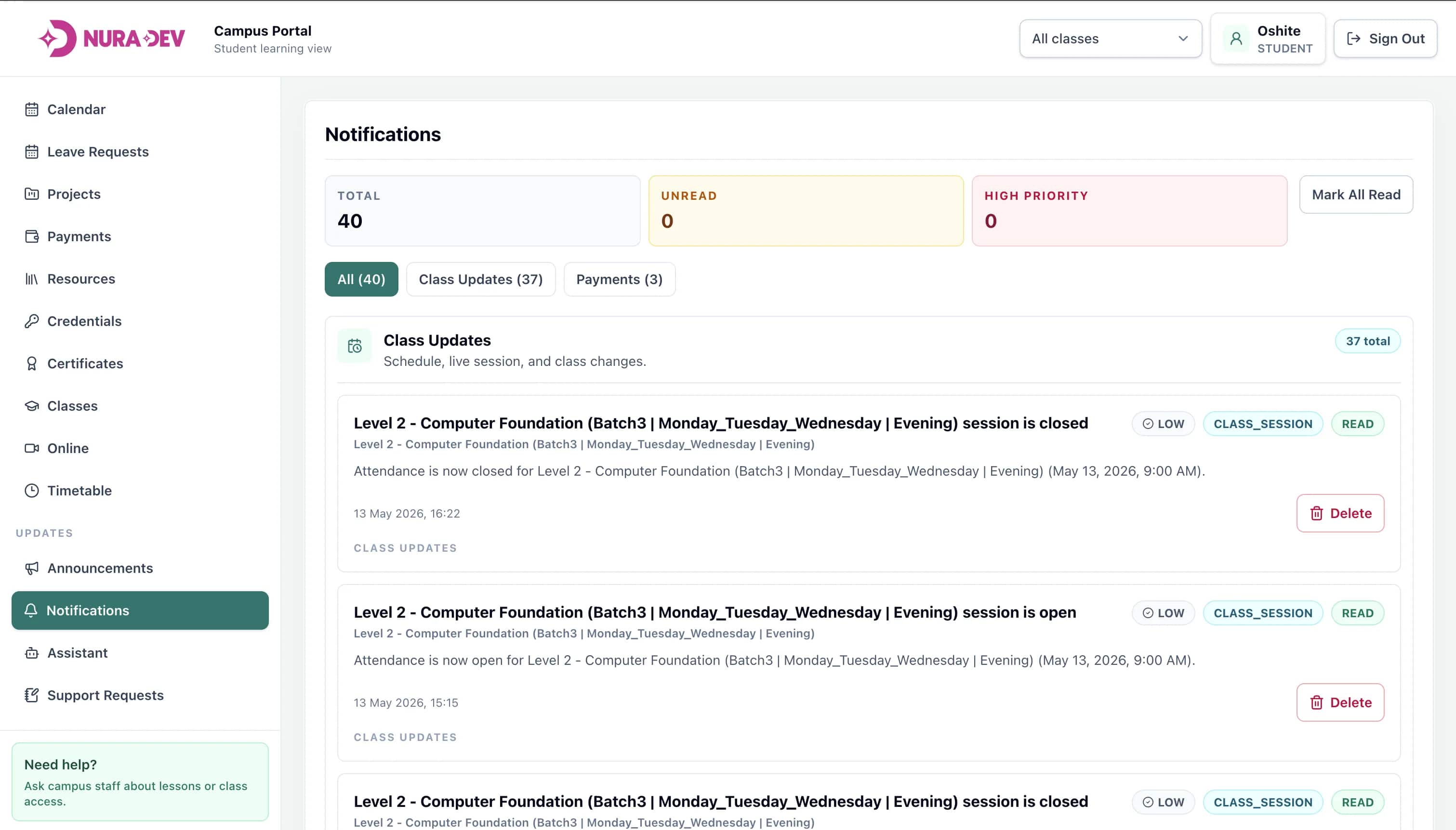 Custom software notification center screen